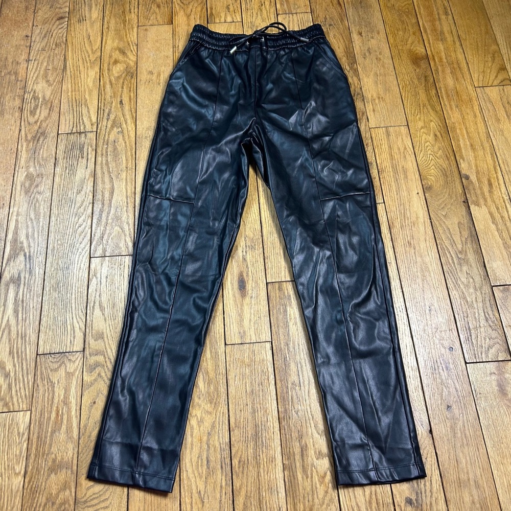 Love Tree Black Faux Leather Joggers Elastic Drawstring Waist Pants Small‎